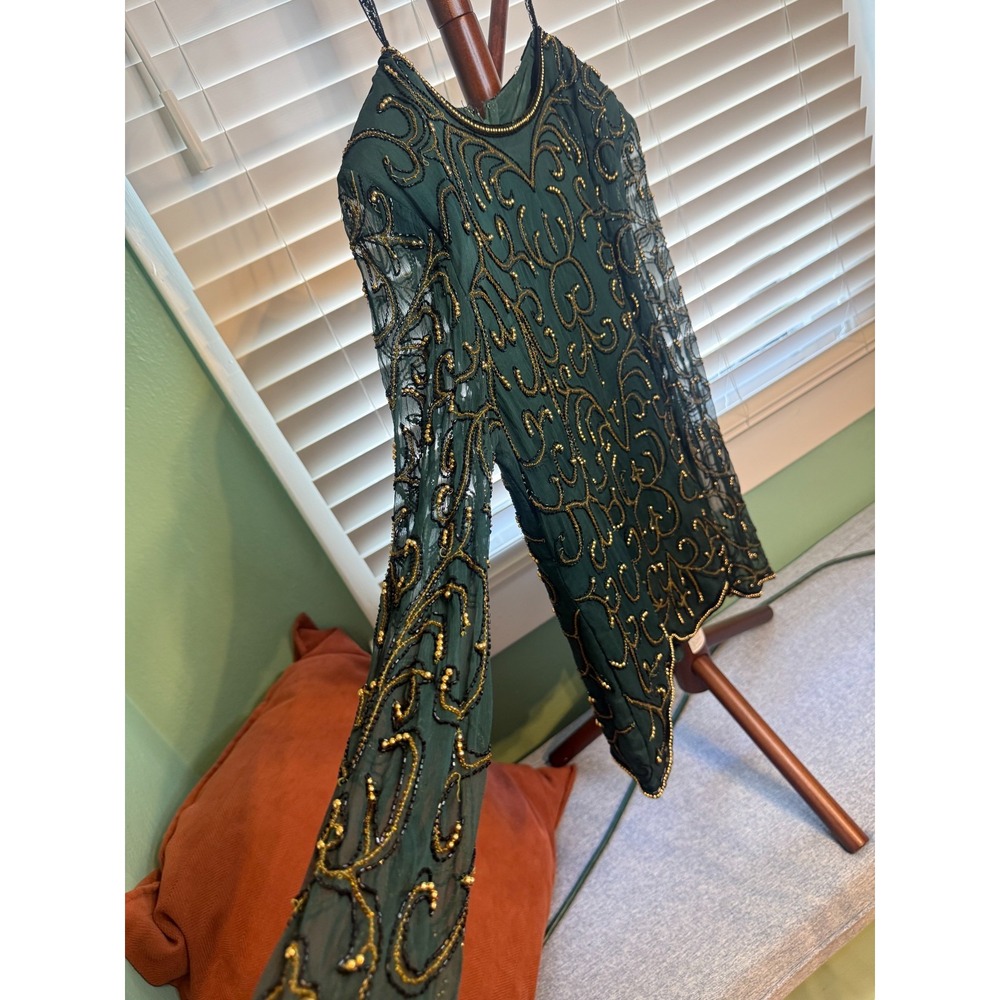 Vintage Stenay Dress Womens XL Green Silk Beaded Gold Black Formal Evening 80s - Picture 3 of 8